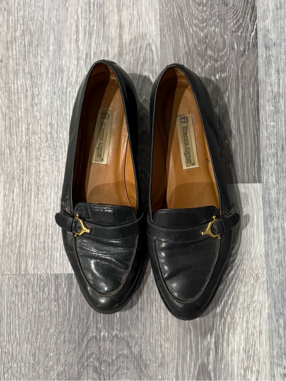 Vintage Etienne Aigner Black Leather Gold Tone Bit Loafer Slip On Leather Shoes